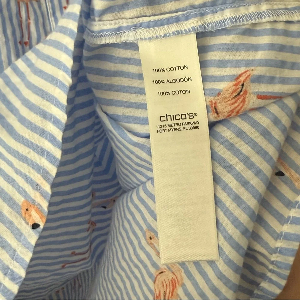 Chico’s Flamingo Stripe Button Down Shirt Size 2 L Blue White Cotton Tropical - Picture 7 of 7